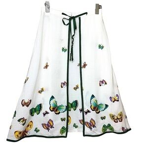 Retro Ivory A Line Wrap Skirt Paneled Sz 26" Waist Colorful Butterfly Printed